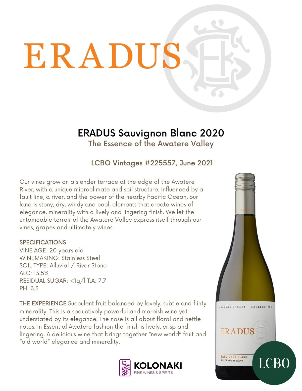 Eradus Sauvignon Blanc (3 Bottle Minimum)
