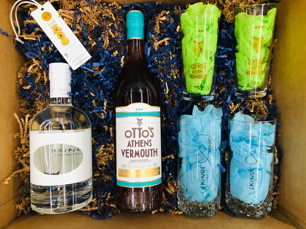 Skinos Mastiha Spirit & Otto's Athens Vermouth with free glasses Gift Box